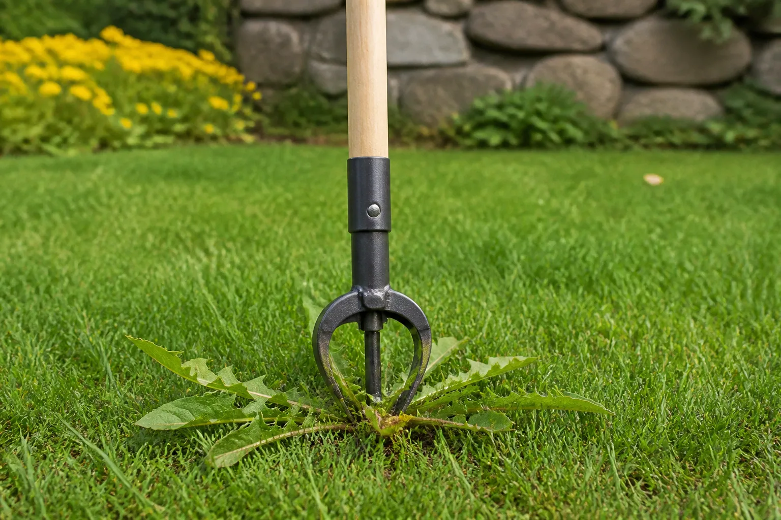 A gardener using a hand tool to remove weeds from loosened soil