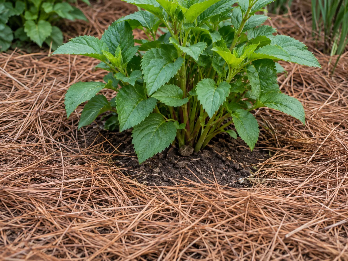 A perennial surrounded by an even, loose layer of pine needles with its crown left clear