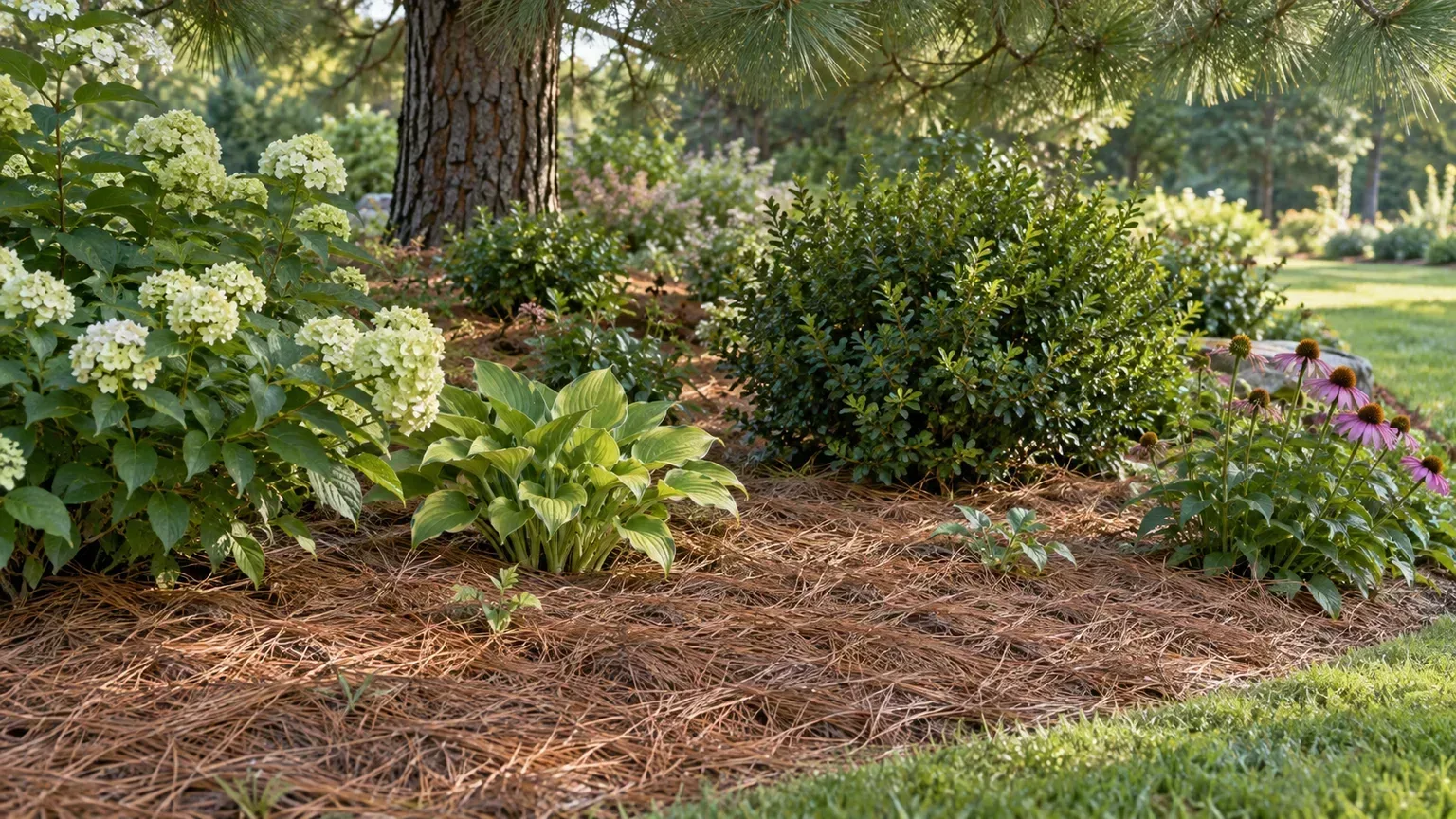 Pine needle mulch covering the soil around shrubs and perennials in an outdoor garden bed