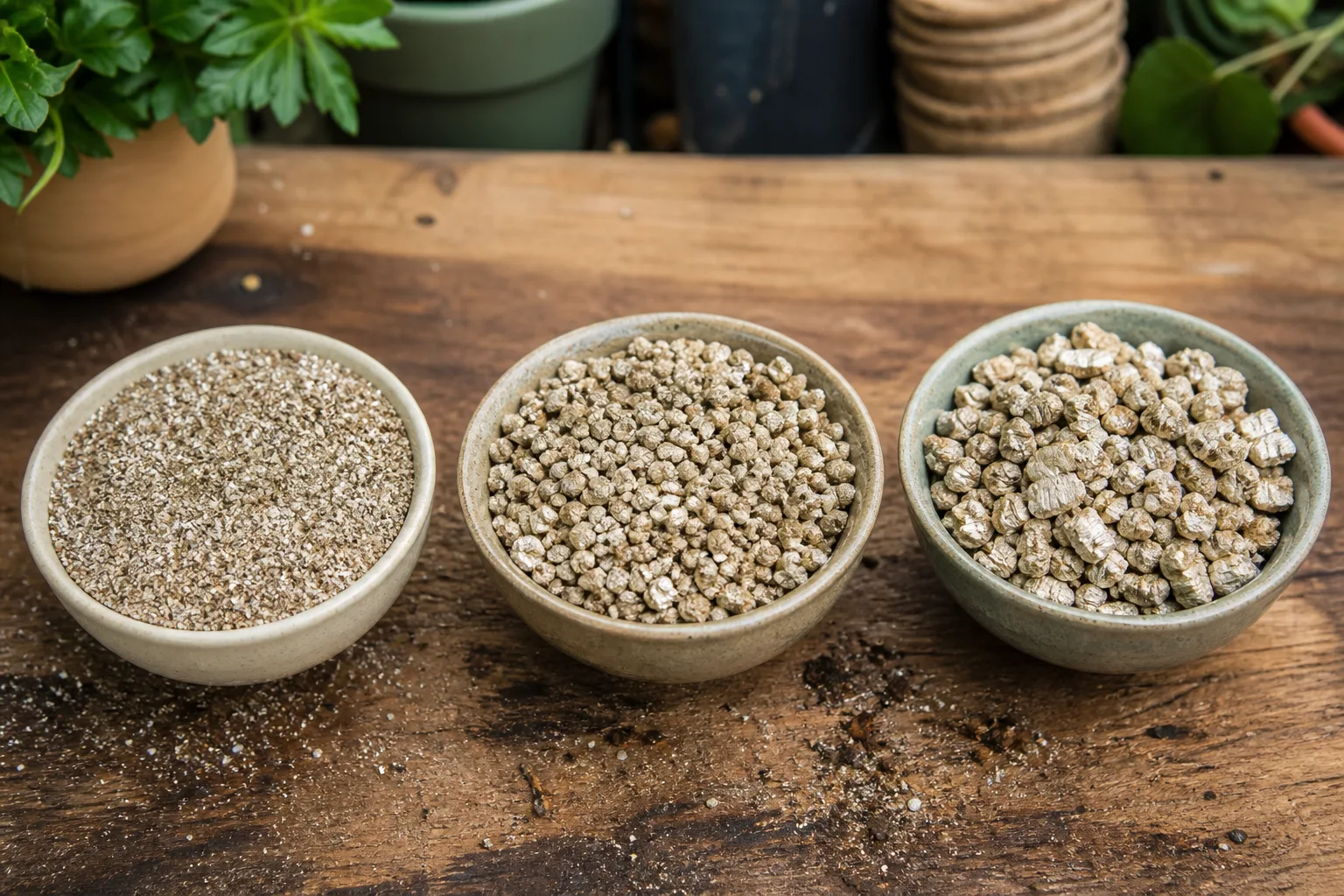 Fine, medium, and coarse grades of vermiculite arranged in three bowls