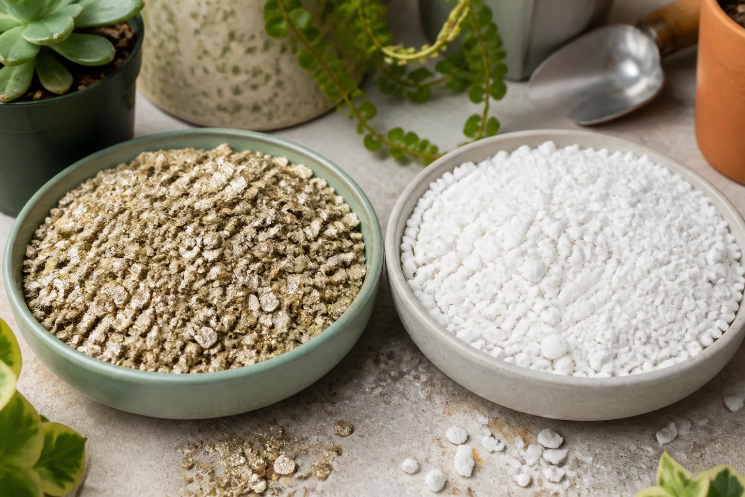 Pale perlite beside golden vermiculite, showing two different potting-mix amendments