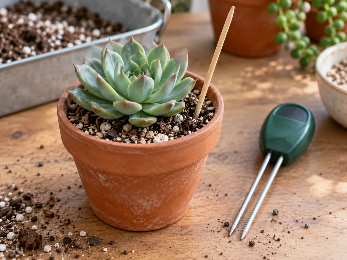 A wooden probe checking moisture inside a potted succulent mix