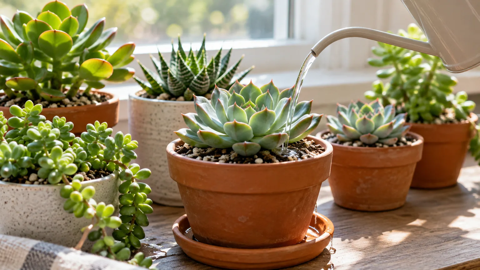 A rosette succulent being watered in a terracotta pot on a sunny windowsill