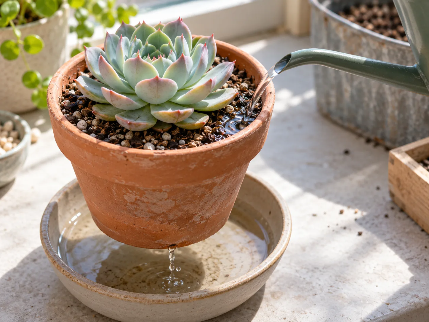 Water runs through a potted succulent and drains from the bottom of its container.