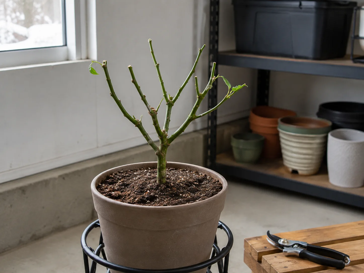 Established pepper plant cut back to a few branches for indoor overwintering.
