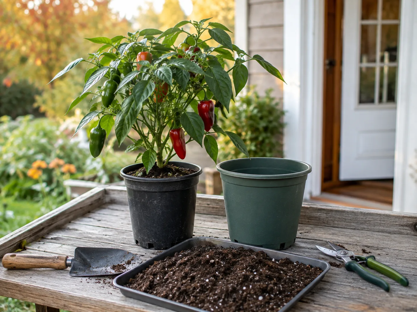 A potted pepper plant beside an empty container and clean pruners on a patio table.