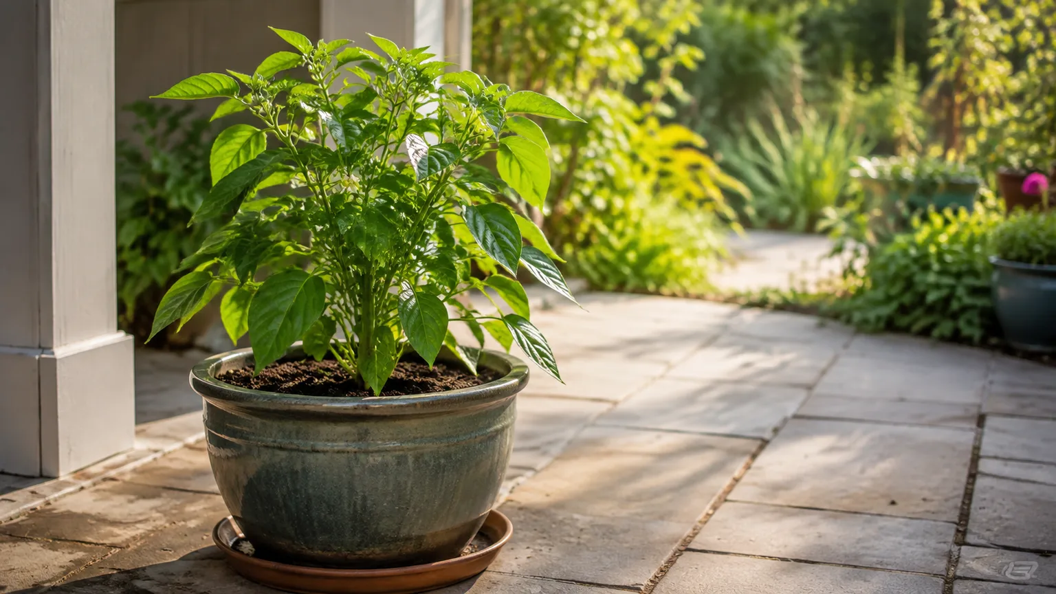 A healthy potted plant resting outdoors in a sheltered patio area during spring acclimation