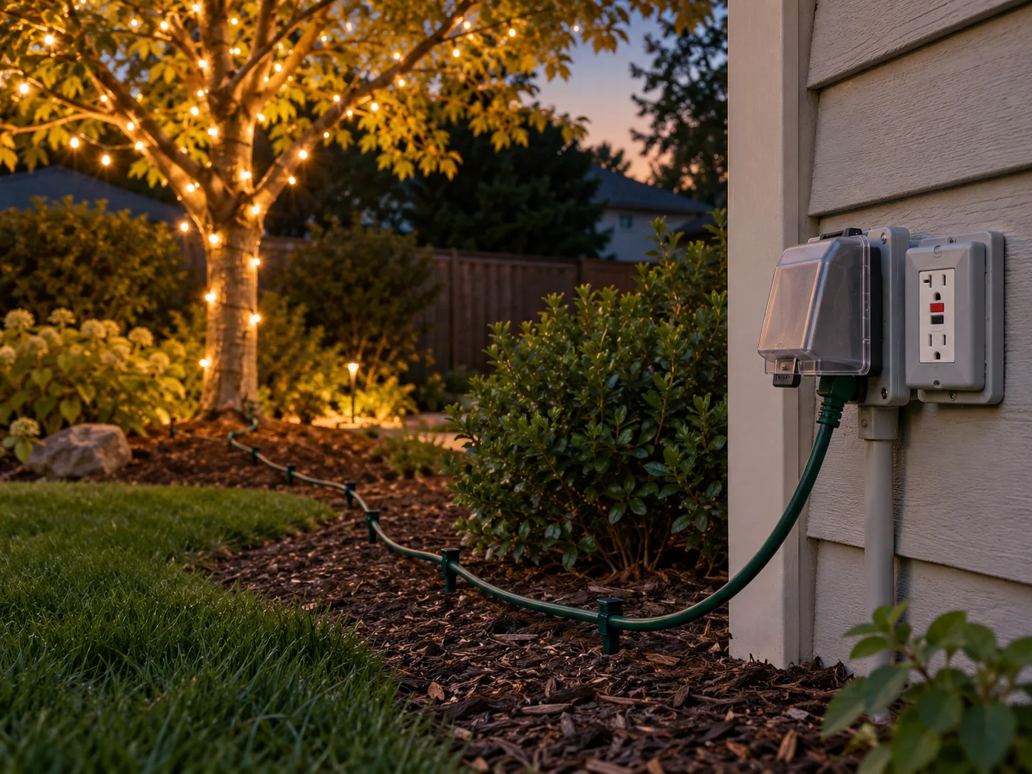 Outdoor tree lights connected through a weather-resistant GFCI outlet with a visible cord route