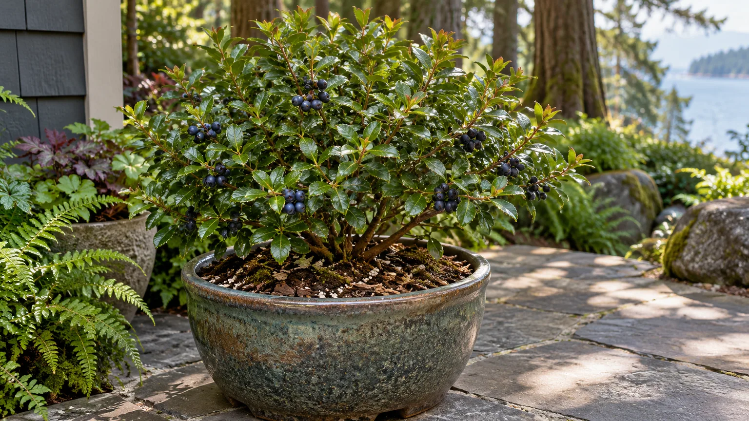 A young huckleberry shrub growing in a large, well-drained container in a shaded patio garden