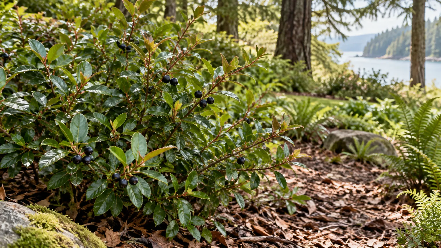 Evergreen huckleberry with glossy leaves and late-summer berries in a coastal woodland garden