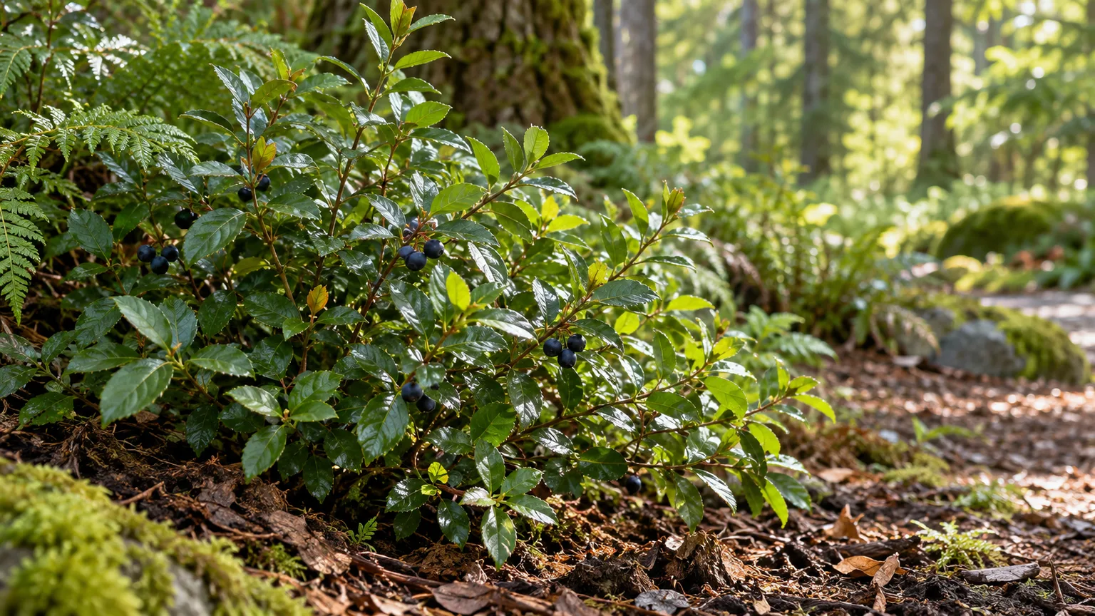 A nursery-grown evergreen huckleberry shrub planted at a woodland edge with dappled light and leaf-litter mulch