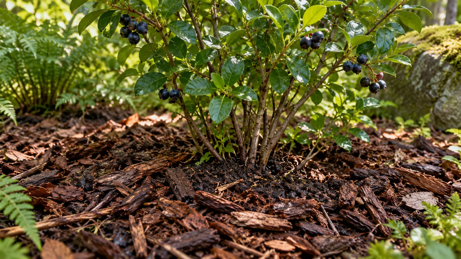 A huckleberry shrub with an even layer of organic mulch kept back from the stems
