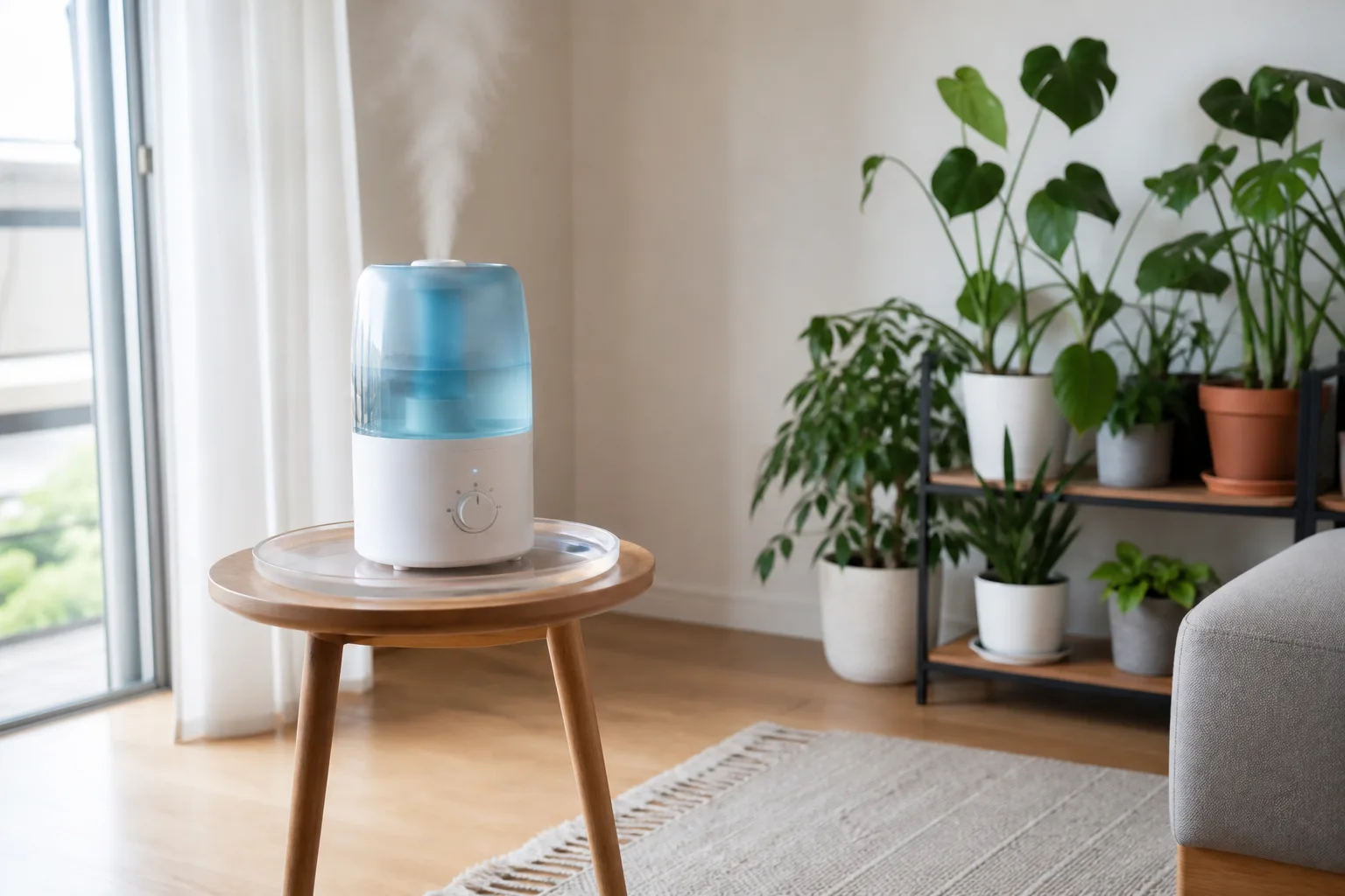 Humidifier placed near grouped houseplants to raise winter indoor humidity