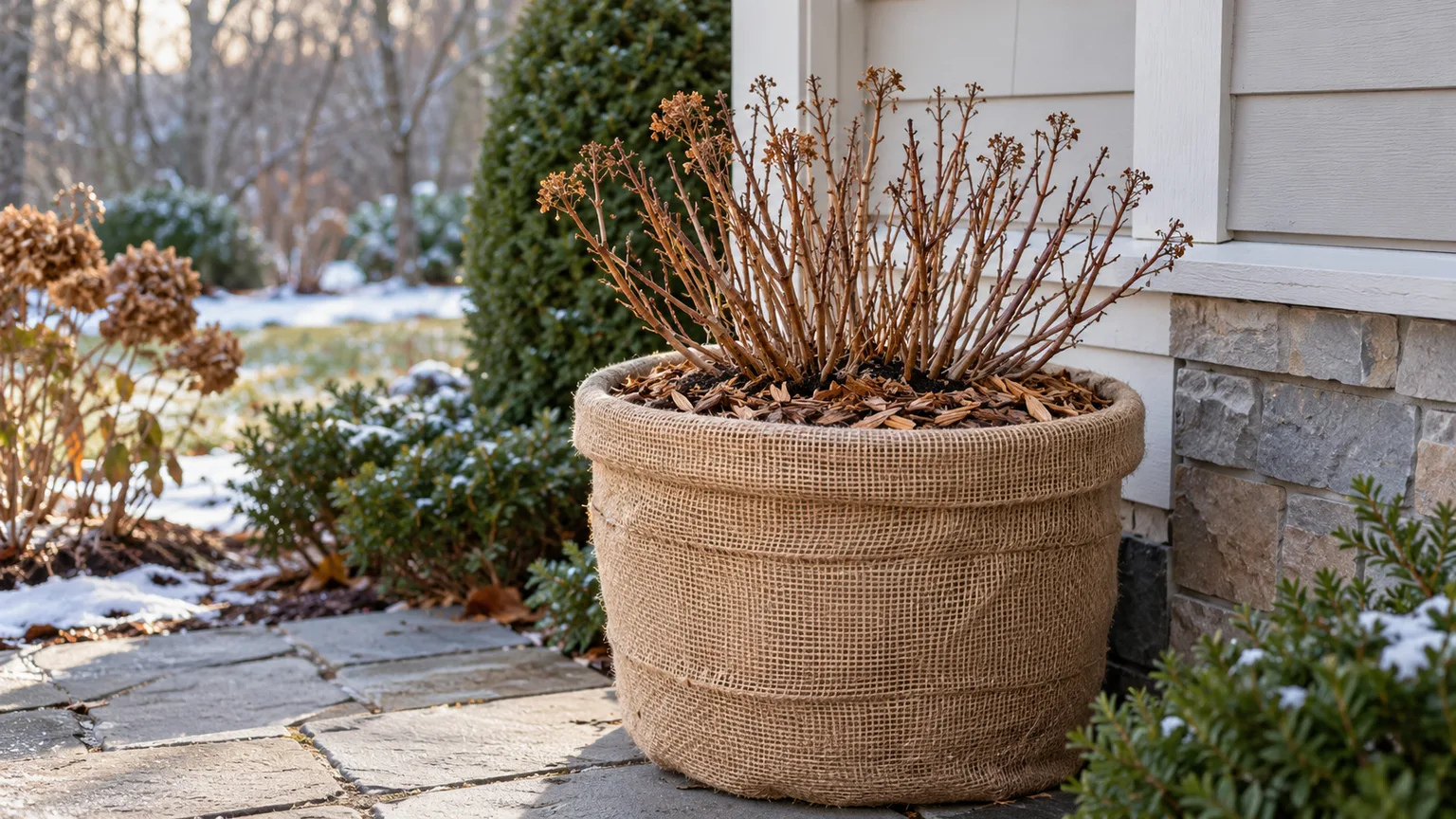 A dormant potted hydrangea with mulch and insulation around the container in a sheltered winter patio location