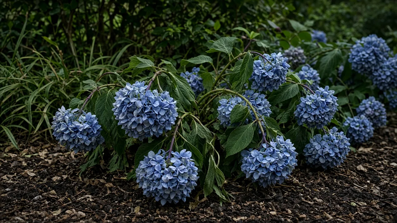Healthy bigleaf hydrangea blooming in a mulched garden bed