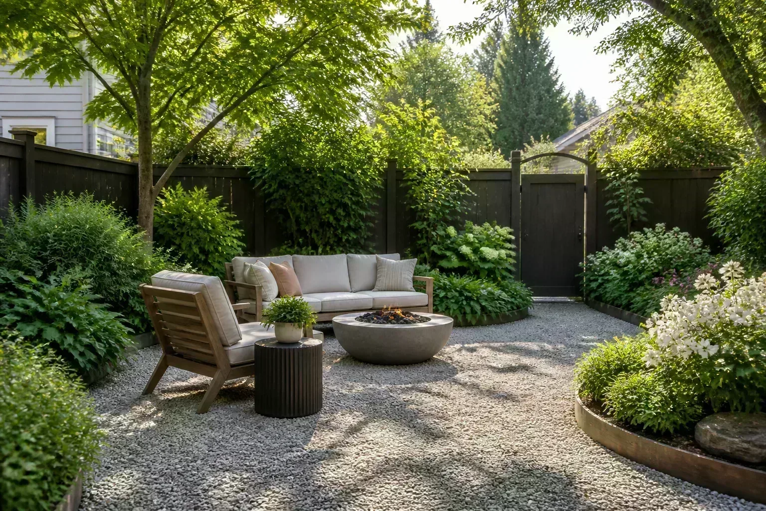 Residential backyard with layered planting beds, stone paths, and seating areas showing beginner landscape design principles in practice