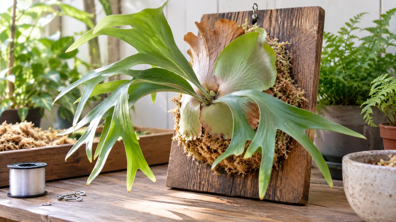 A staghorn fern secured to a wooden plaque with damp moss around its root pad