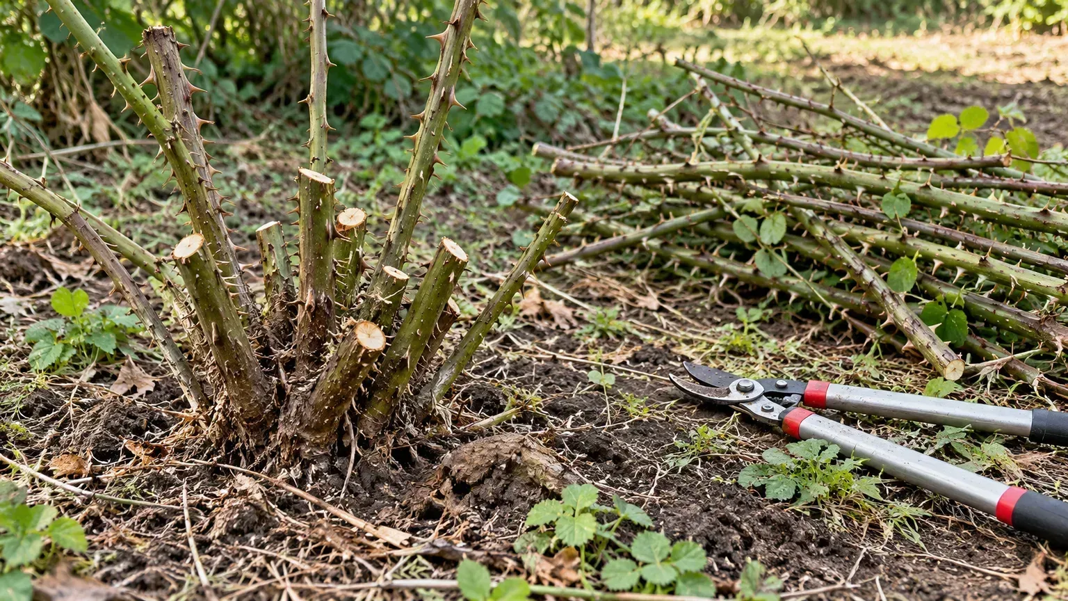 Cut shrub stems and hand loppers illustrate working in small, controlled sections.