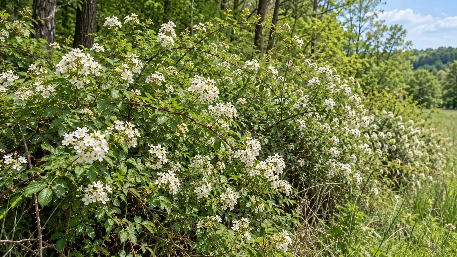 Dense multiflora rose thicket with arching thorny canes and clusters of small white flowers