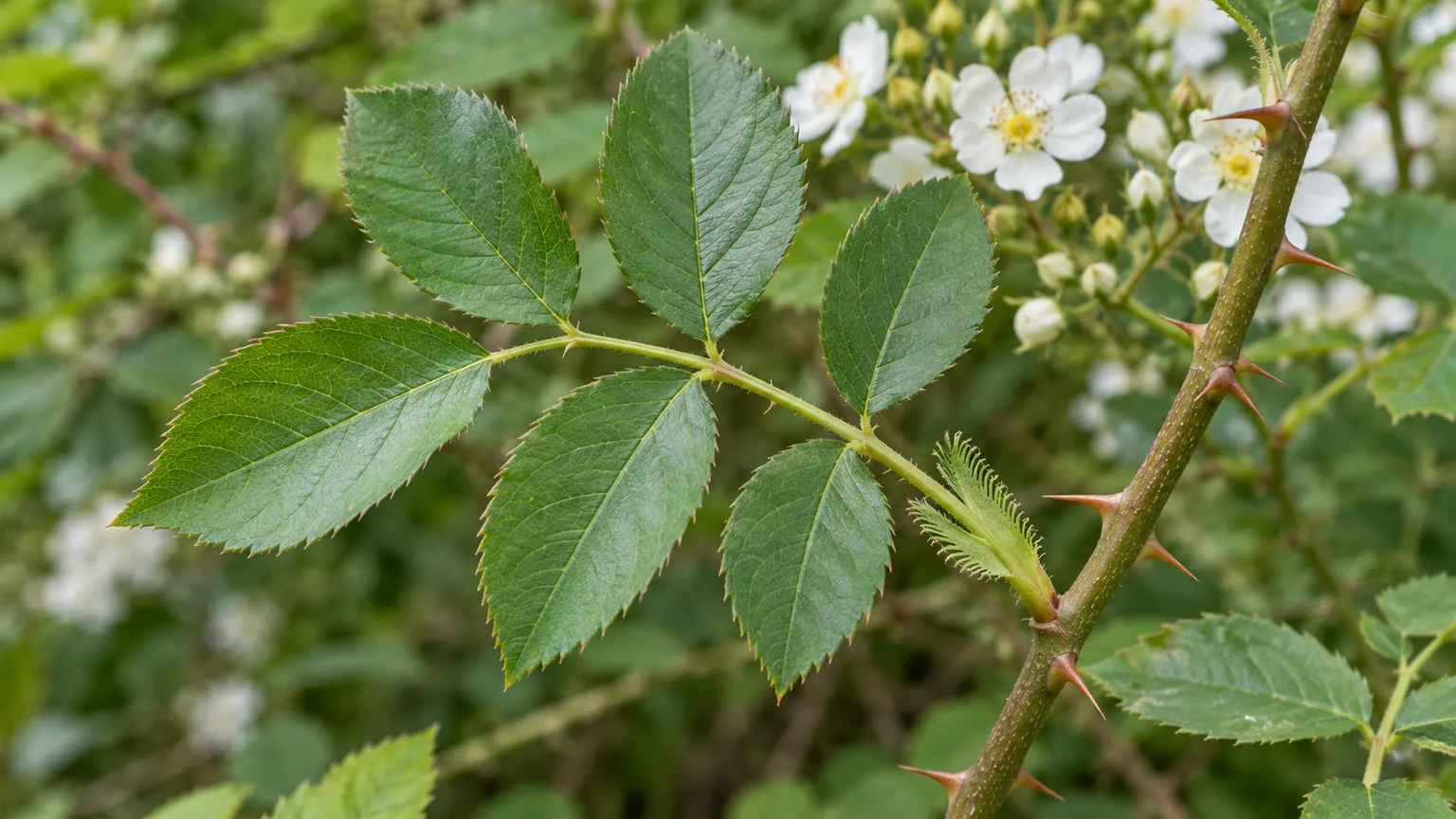 Close-up of multiflora rose leaflets and the fringed stipule at the leaf base