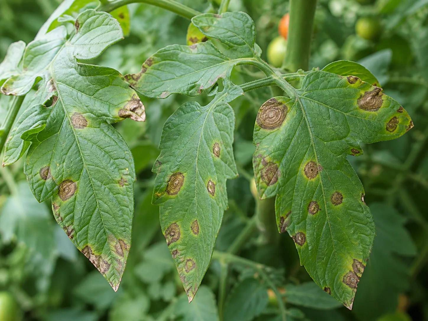Tomato plant with yellowing lower leaves showing early foliage stress in a garden bed