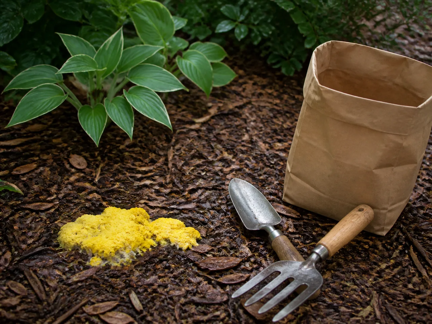 A yellow slime mold on mulch illustrates a harmless lookalike, not an infectious turf disease.