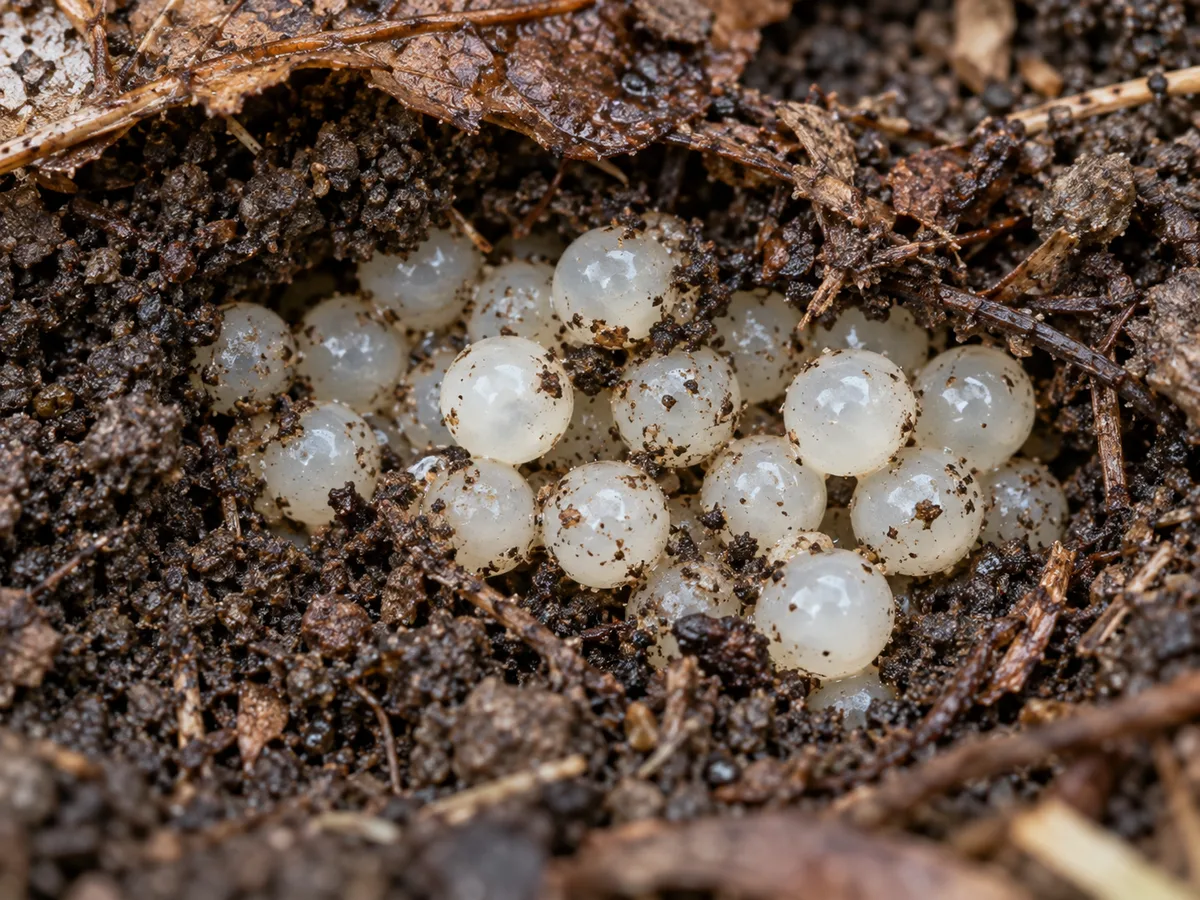 Close-up of a loose cluster of pale, gelatinous slug or snail eggs in damp soil