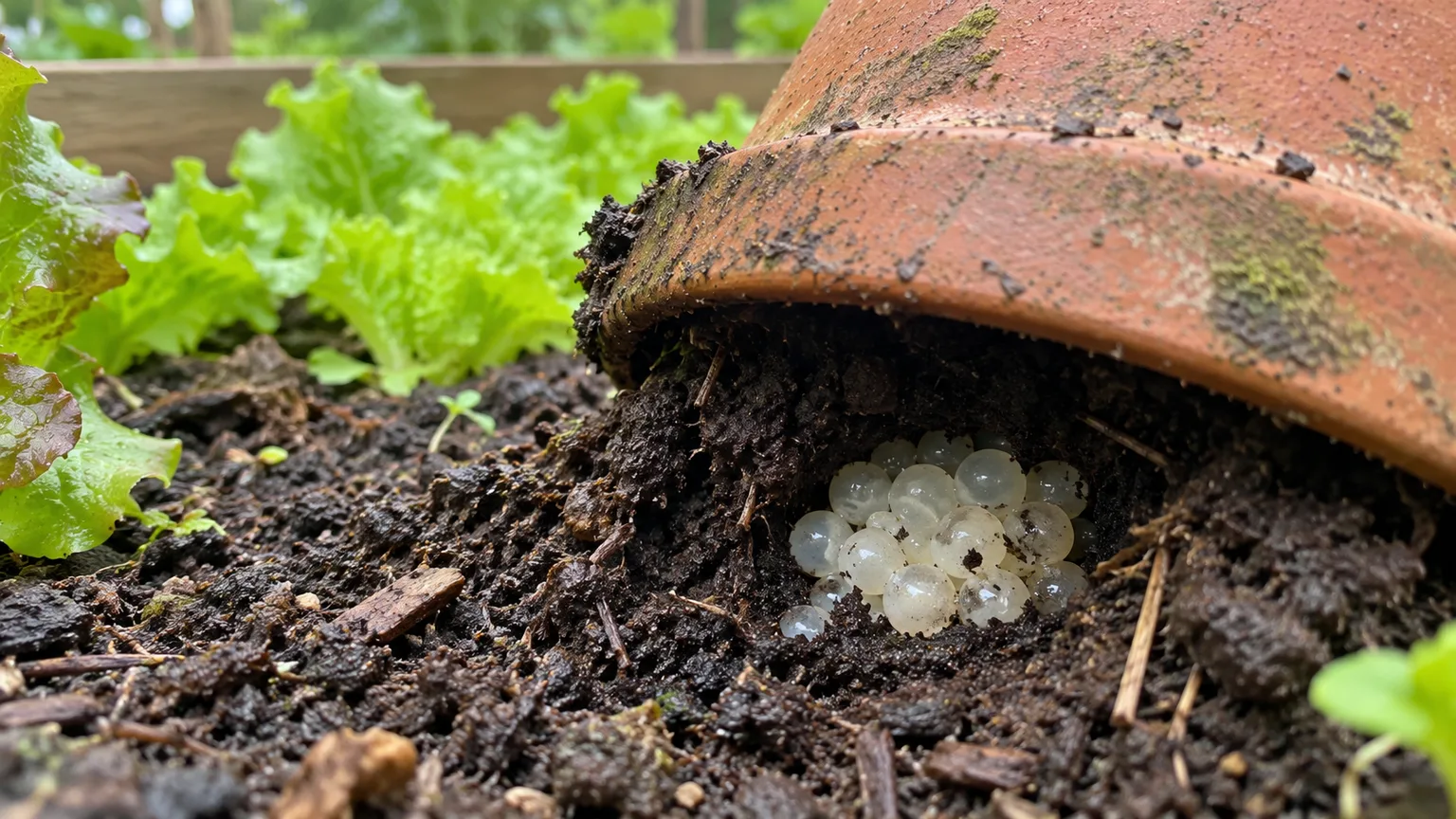 Translucent slug eggs tucked into moist garden soil beneath a terracotta pot