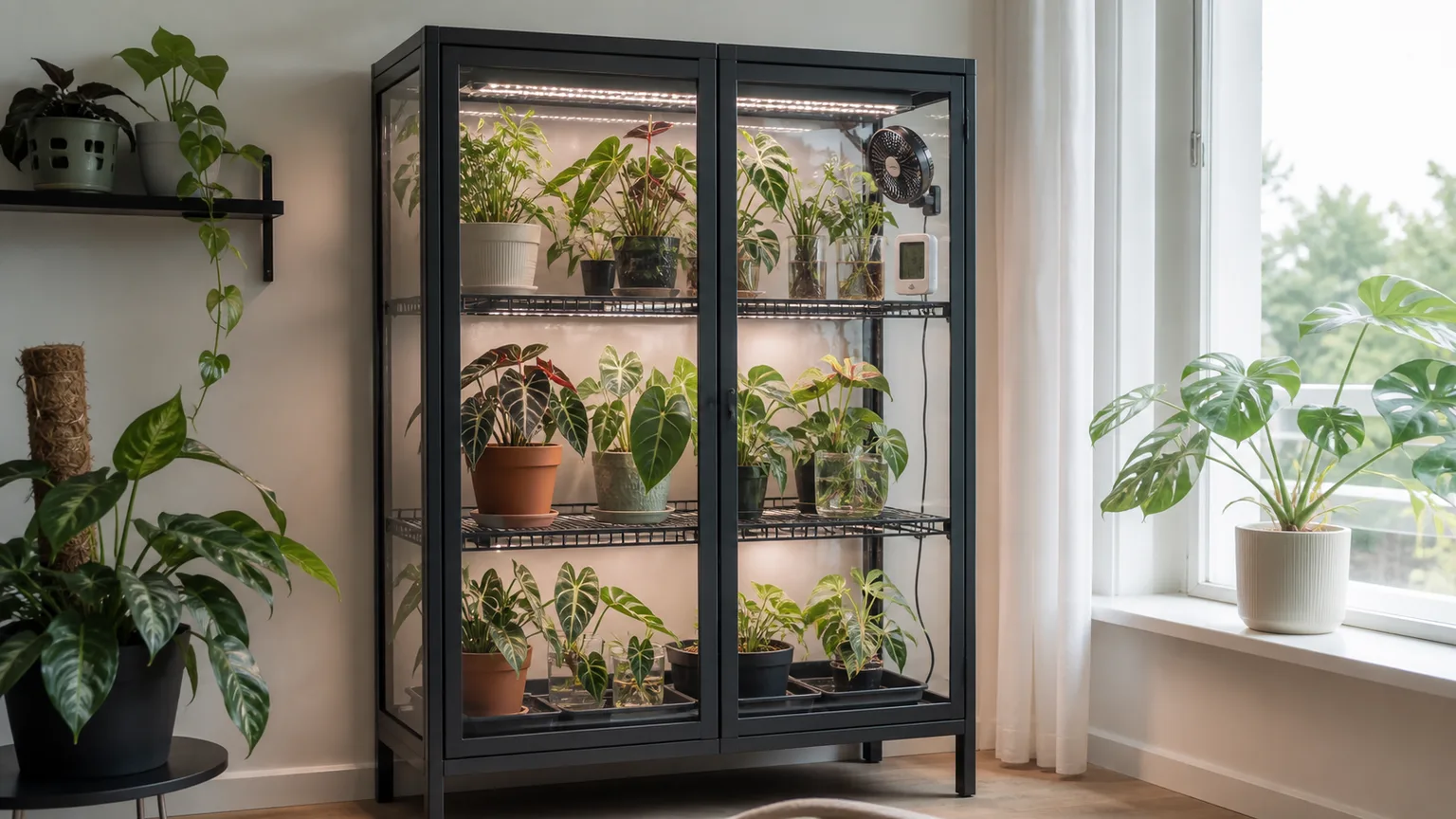 Glass-front indoor greenhouse cabinet with grow lights, houseplants, a circulation fan, and a humidity sensor