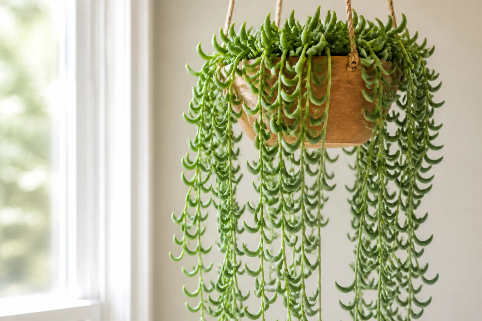 Healthy String of Bananas with curved banana-shaped leaves trailing from a hanging pot