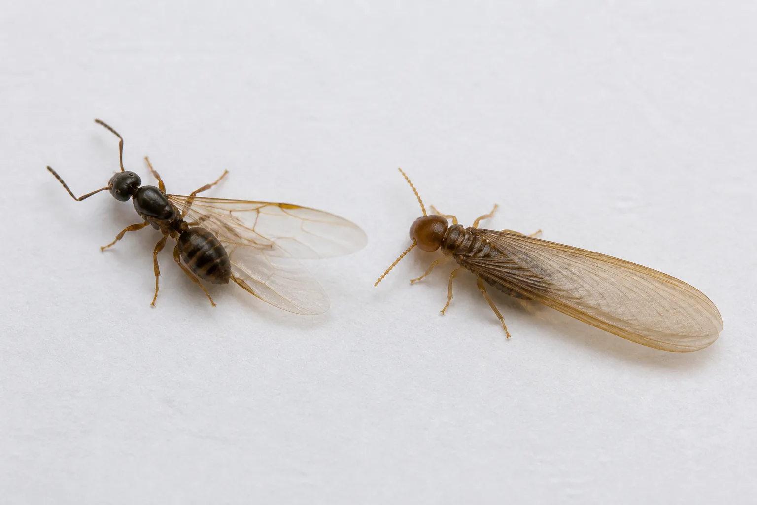 Side-by-side visual comparison of a winged ant and a termite swarmer.