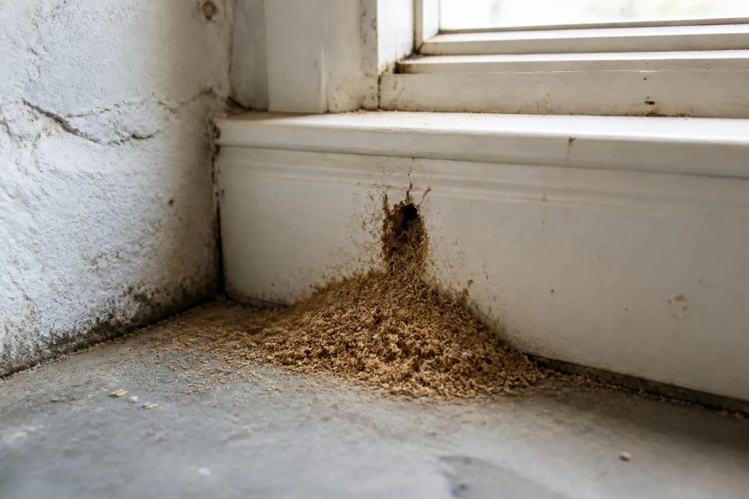 Coarse wood debris below a small opening in window trim, an evidence clue for carpenter ants