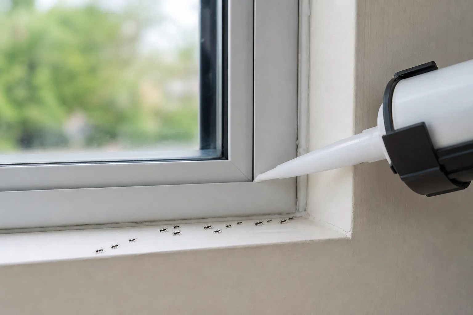 A trail of small ants along a window sill beside a gap being sealed with caulk