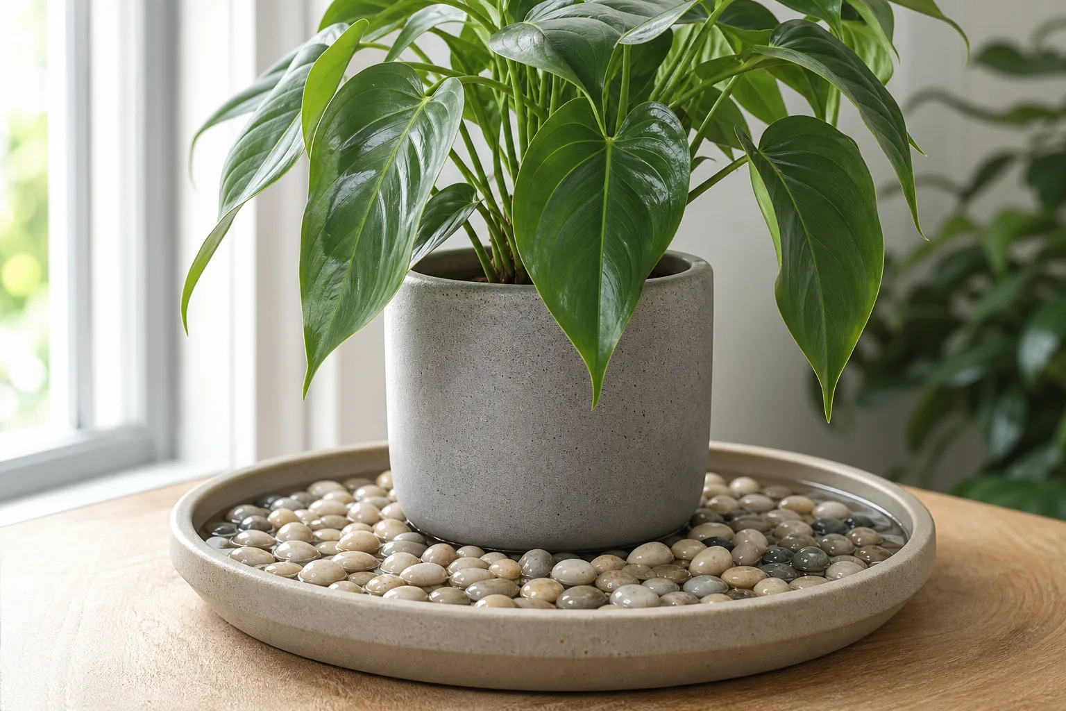 Narrow saucer under a tall floor plant with pot base too close to the waterline — a common pebble-tray mistake