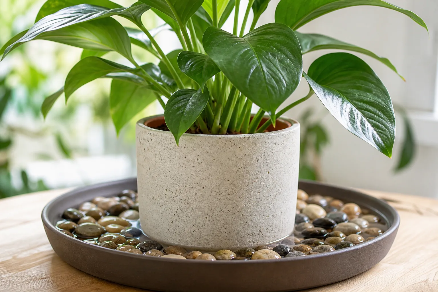 Digital hygrometer positioned at lower-leaf height beside a fittonia on a pebble tray, away from wet stones