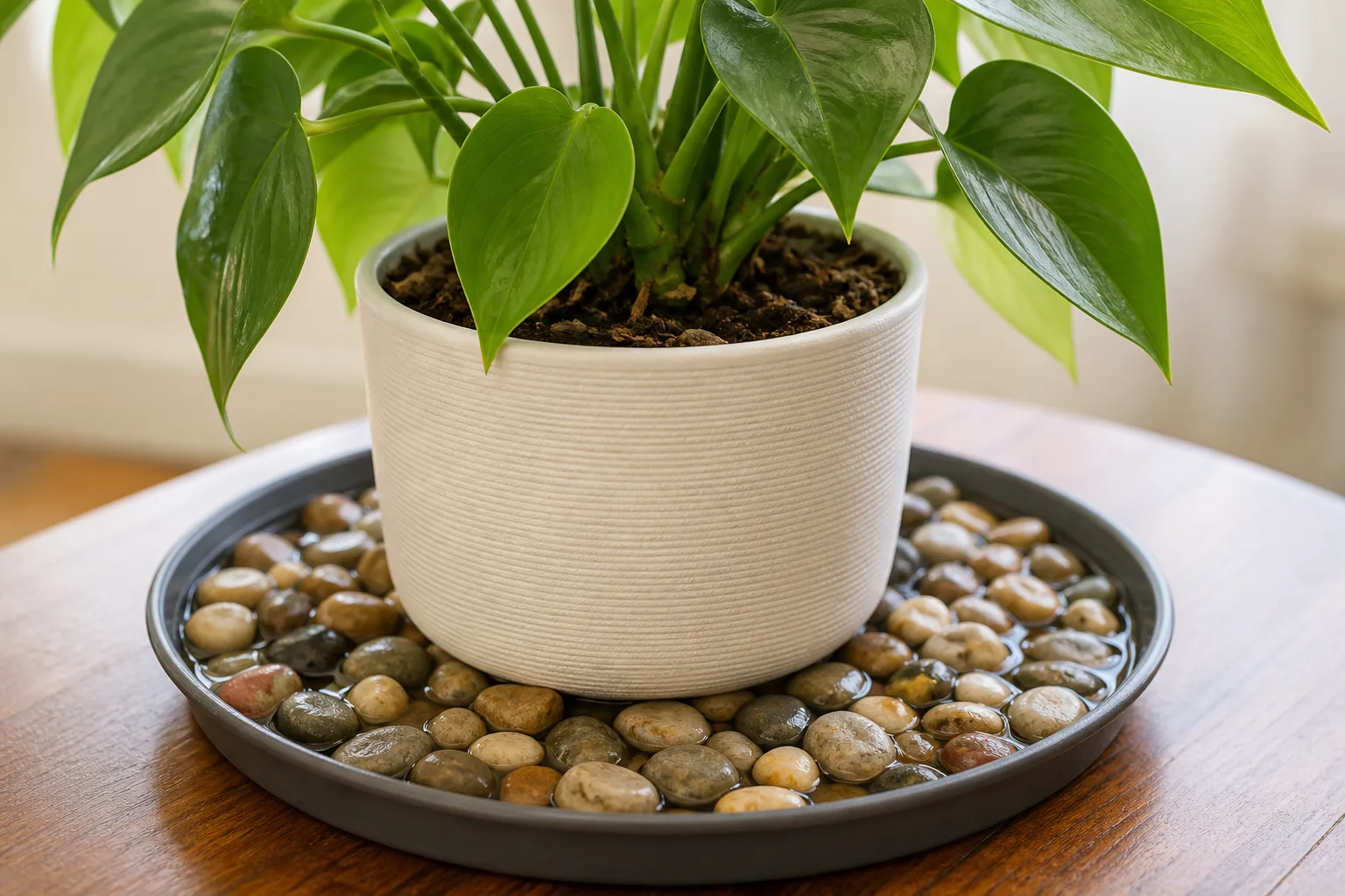 Washed pebbles, watertight tray, and fittonia pot arranged for pebble-tray setup on a plant stand