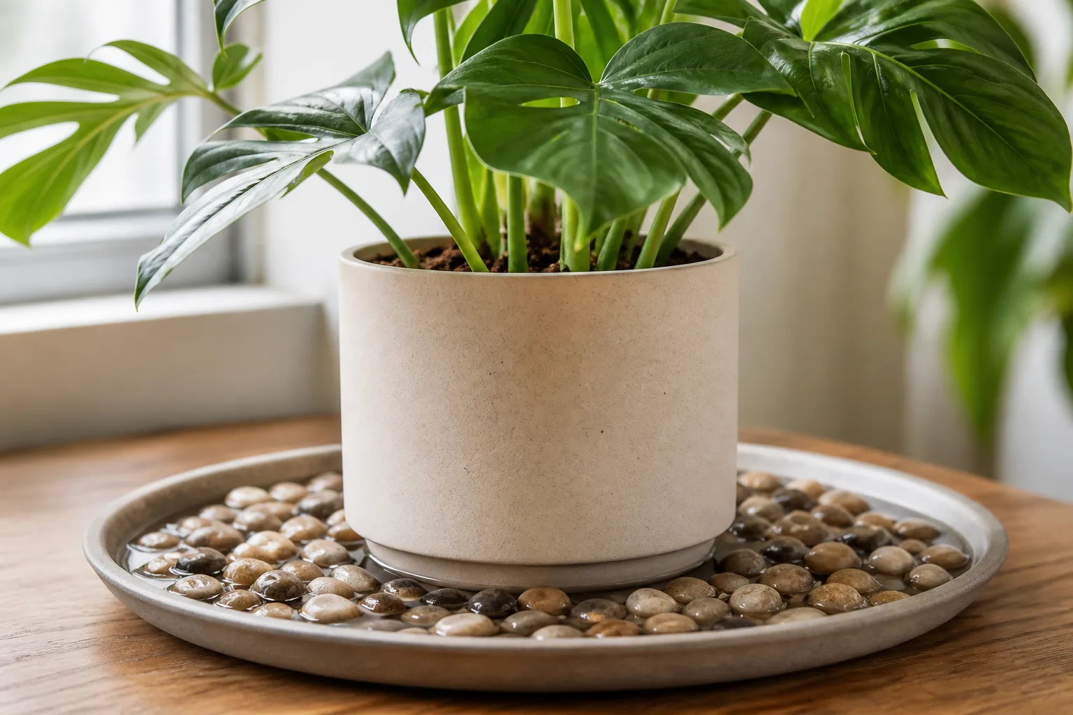 Fittonia on a 10-inch pebble tray with digital hygrometer suspended at leaf height during a winter editorial test