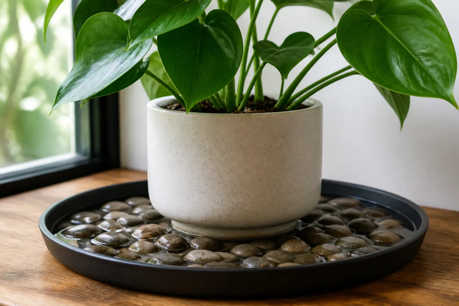 Compact ultrasonic humidifier on a shelf beside grouped tropical plants and a digital hygrometer in a dry heated room