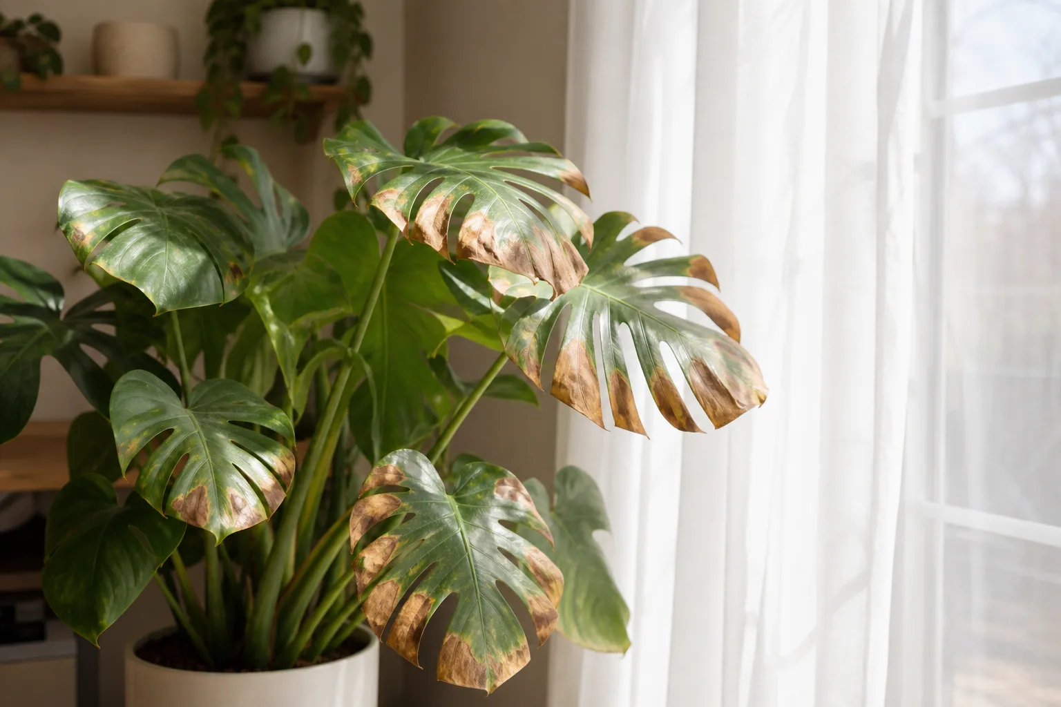 Sun-scorched brown patches on houseplant leaves near a bright window