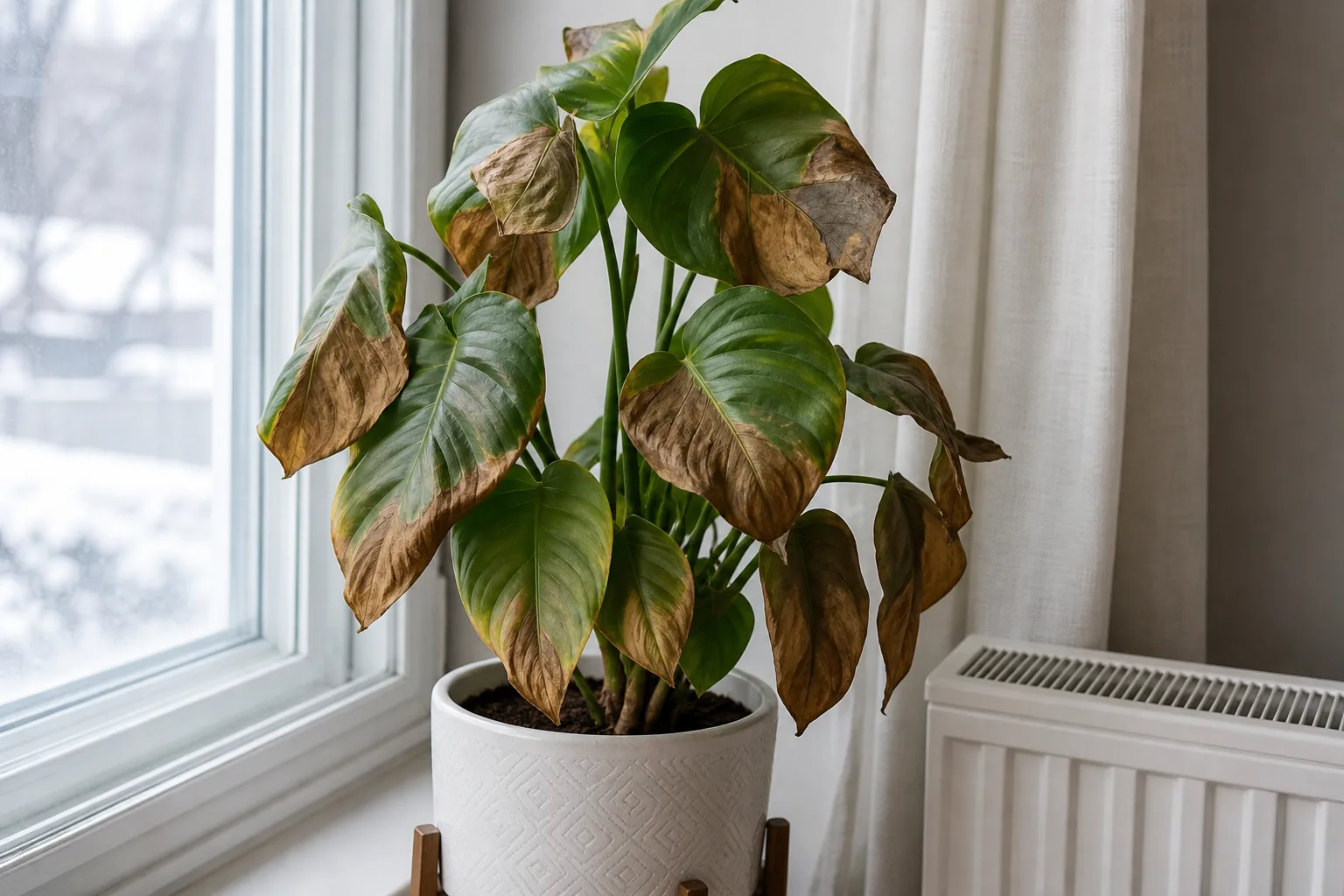 Brown leaf damage on a houseplant stressed by a drafty window