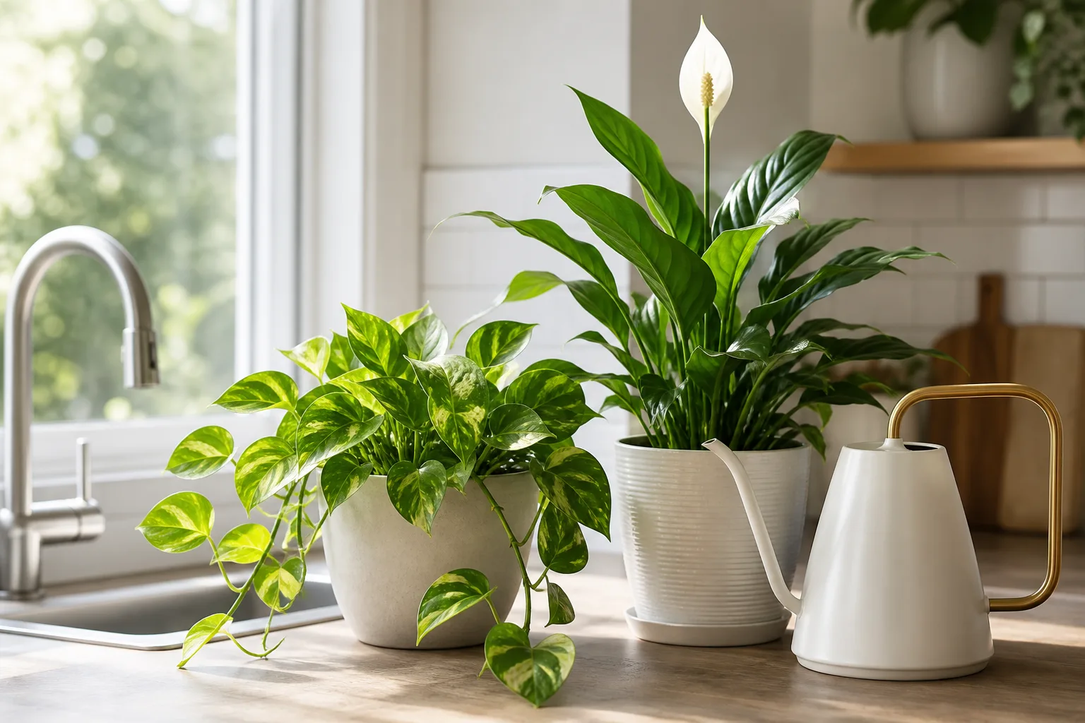 Houseplant watering setup with watering can and moisture meter on a kitchen counter