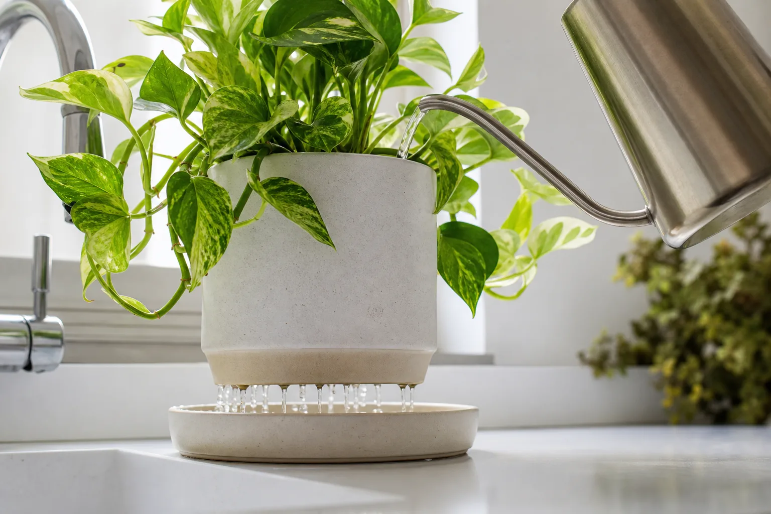 Watering a potted houseplant thoroughly until excess drains into a saucer