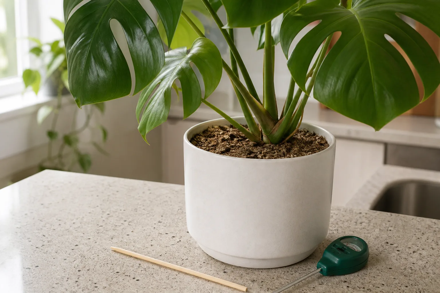 Finger and skewer moisture check on a potted succulent before watering