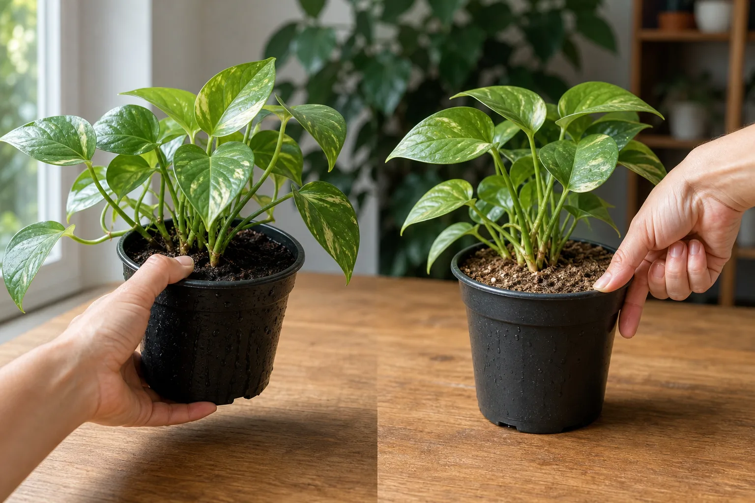 Checking a houseplant by lifting the pot is a practical way to manage watering across a large collection