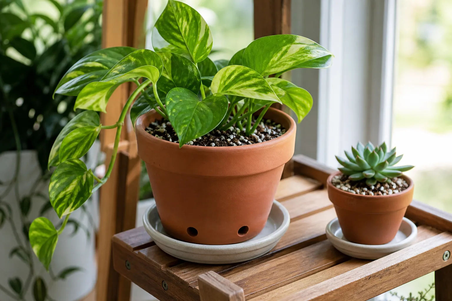 An indoor plant in a draining pot and saucer, illustrating why roots need both air and water