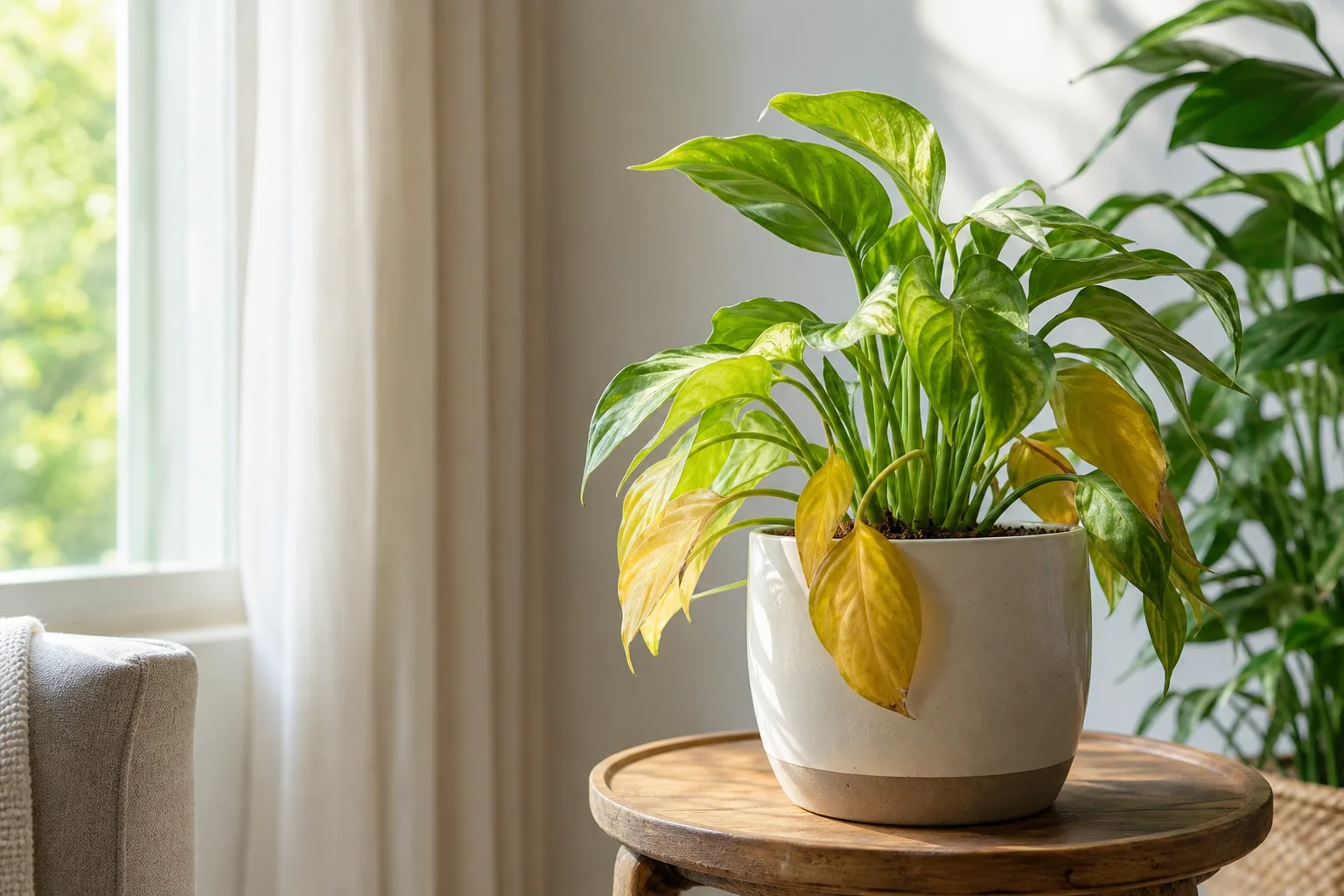 Indoor plant with some yellowing leaves beside healthy green foliage
