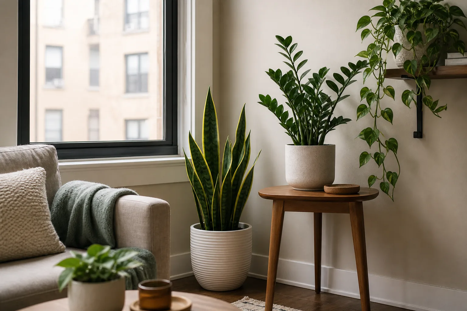 Apartment living room with low-light tolerant houseplants near a north-facing window
