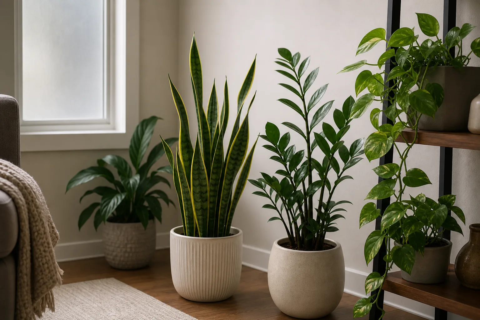 Low-light indoor plants arranged in a dim living room corner away from windows