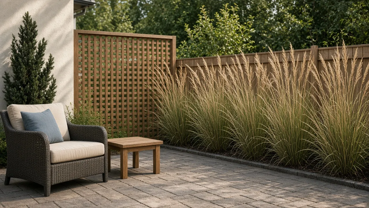 Lattice screen and tall grasses creating a private backyard sitting area