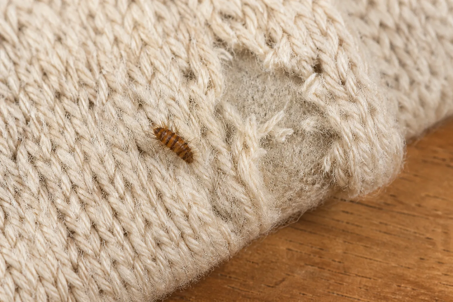 Carpet beetle larva crawling on wool fabric